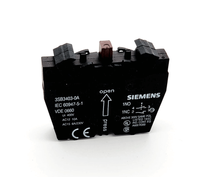 Siemens 3SB3403-0A switching element with 1NO+1NC contacts, spring terminal, for panel mounting.