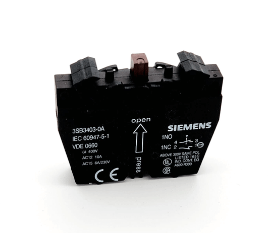 Siemens 3SB3403-0A switching element with 1NO+1NC contacts, spring terminal, for panel mounting.