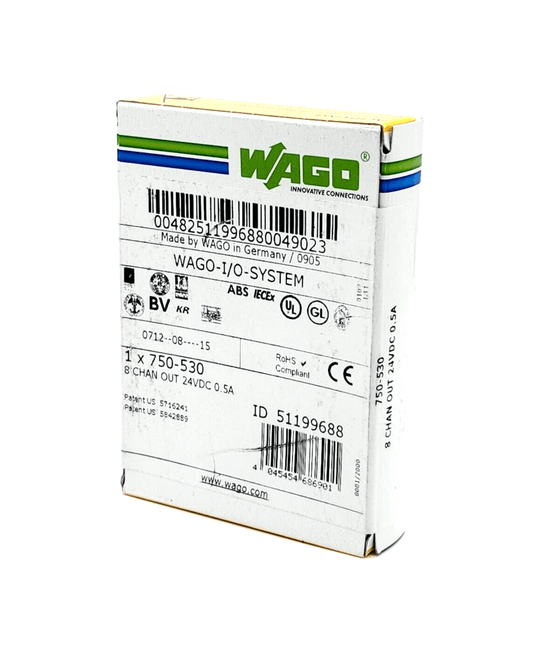 Wago 750-530 digital output module box, 8 channels, DC 24V 0.5A, featuring product labeling and certification marks.
