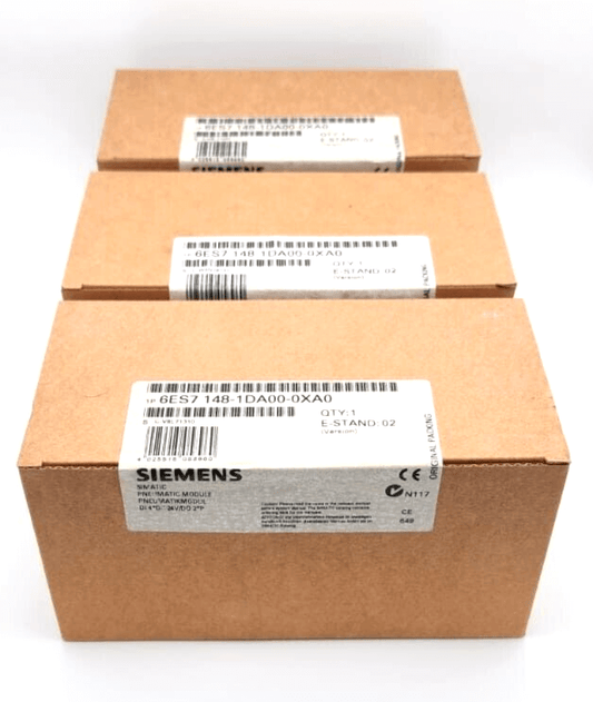 Alt Tag: Siemens 6ES7148-1DA00-0XA0 SIMATIC DP Pneumatik-Modul EM 148-P boxed units with visible labels.