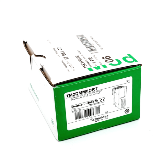 Schneider Electric TM2DMM8DRT E/A-Modul packaging, part of Modicon M238, digital I/O module with 4 inputs/outputs, 24V DC.