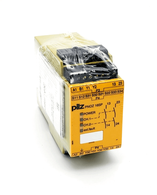 Pilz 777070 PNOZ 16SP safety relay, 24V AC/DC, 2n/o outputs, yellow casing with plug-in terminals, 45mm width.