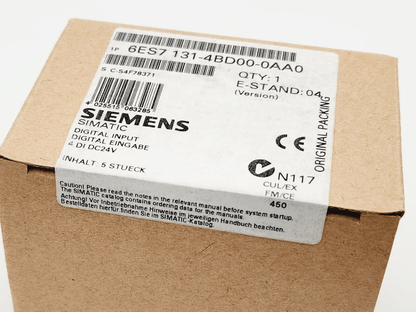 Packaging of Siemens 6ES7131-4BD00-0AA0 SIMATIC DP Elektronikmodule with product details on label, 5 pieces per pack.