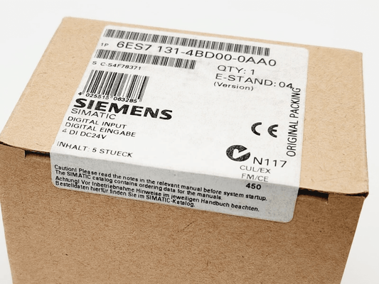 Packaging of Siemens 6ES7131-4BD00-0AA0 SIMATIC DP Elektronikmodule with product details on label, 5 pieces per pack.