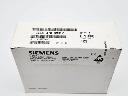 Siemens 6ES5470-8MD12 SIMATIC S5 Analog Output Module Box with product details and model number visible on the packaging.