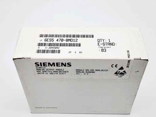 Siemens 6ES5470-8MD12 SIMATIC S5 Analog Output Module Box with product details and model number visible on the packaging.