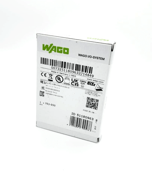 Wago 753-550 2-Kanal-Analogausgang DC packaging with barcode and certifications displayed on the box