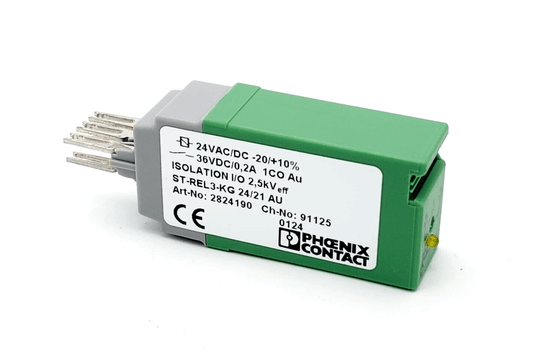 Phoenix Contact 2824190 relay plug ST-REL3-KG 24/21AU with small switching relay, 24V input, light indicator, pluggable.