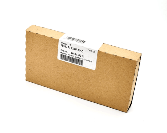 Packaging of Phoenix Contact 2861302 Analogmodul IB IL AI 2/SF-PAC, sealed in a brown cardboard box with product label visible.