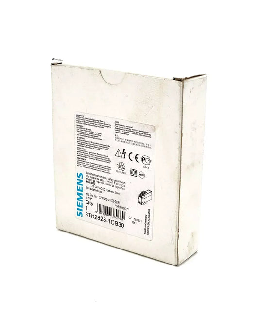 Packaging of Siemens 3TK2823-1CB30 SIRIUS safety relay with specifications label