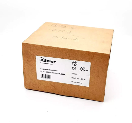Kübler 8.5000.0010.1024.S059 incremental encoder box packaging with label showing model and specifications.