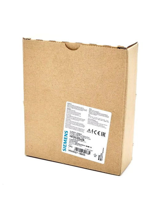Packaging of Siemens 3RW4027-1BB05 SIRIUS soft starter, 32 A, 18.5 kW, 500 V, model number visible on label.
