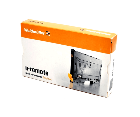 Weidmüller u-remote package showing the analog input module box with branding and product image, isolated on white background.