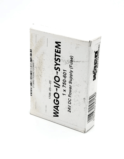 Wago 750-601 24V DC power supply potential feed packaging with fuse holder on white background