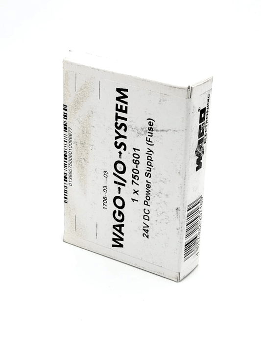 Wago 750-601 24V DC power supply potential feed packaging with fuse holder on white background