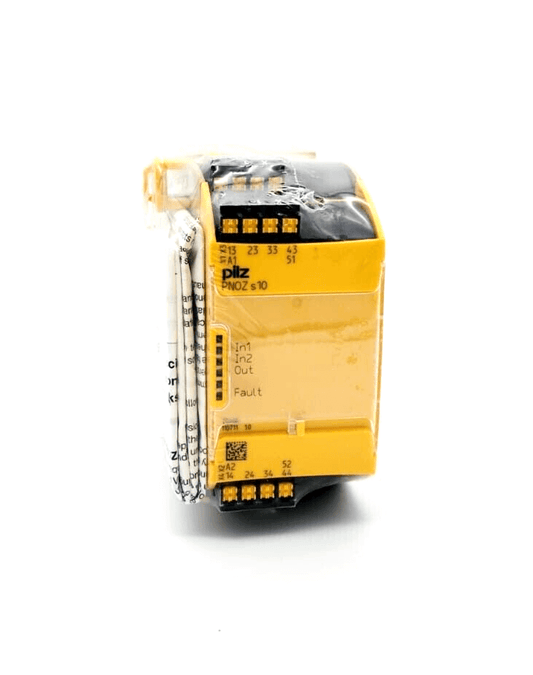 Pilz 751110 PNOZ s10 C safety relay module, 24VDC, featuring 4 n/o and 1 n/c contact outputs, shown from side view.