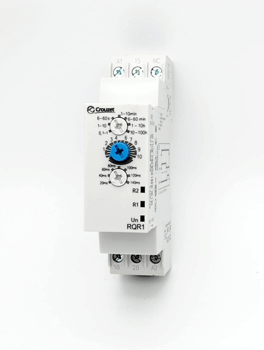Crouzet 88866175 RQR1 multifunctional time relay, 250V AC, 8A, 2 signal contacts, adjustable time range, white body, front view.