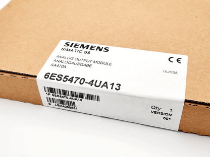 Siemens 6ES5470-4UA13 SIMATIC S5 Analog Output Module packaging, model SIMATIC S5, Analogausgabe 470, with CE marking.