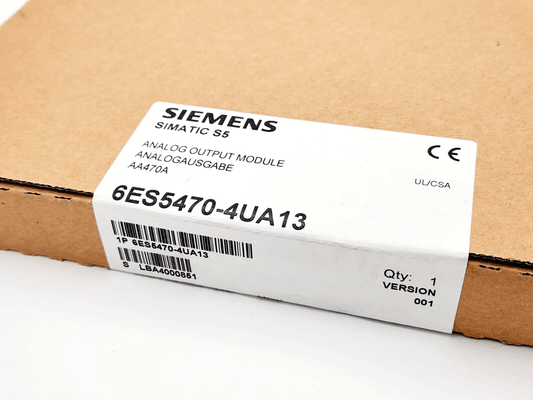 Siemens 6ES5470-4UA13 SIMATIC S5 Analog Output Module packaging, model SIMATIC S5, Analogausgabe 470, with CE marking.