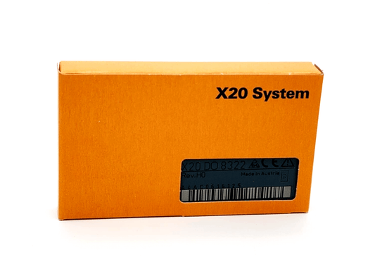 B&R X20DO8322 module box, 8 digital outputs, 24 VDC, 1-wire technology, orange packaging with barcode and system label.