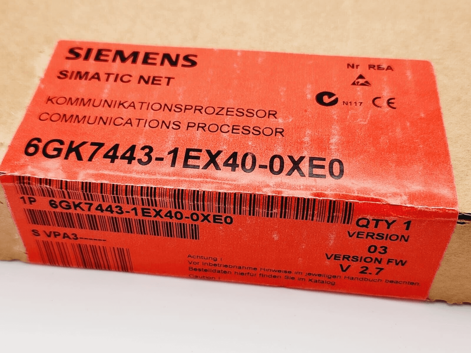 Siemens SIMATIC NET Kommunikationsprozessor packaging, model 6GK7443-1EX40-0XE0, CP 443-1 EX40, version 03, firmware V2.7