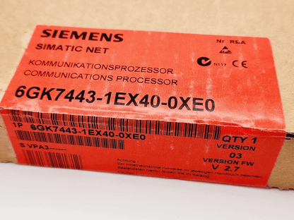 Siemens SIMATIC NET Kommunikationsprozessor packaging, model 6GK7443-1EX40-0XE0, CP 443-1 EX40, version 03, firmware V2.7