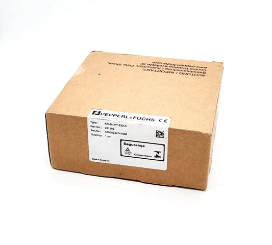 Packaging of Pepperl+Fuchs KFU8-UFT-EX2.D frequency converter, product number 231202, with safety labels on the box.