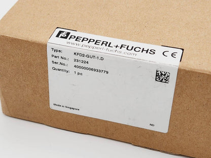 Cardboard box labelled with Pepperl+Fuchs KFD2-GUT-1.D, Part No. 231224, made in Singapore.