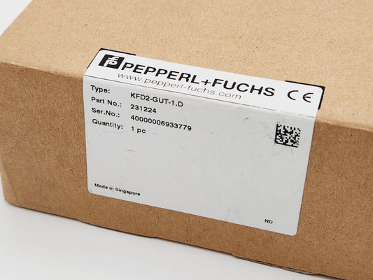 Cardboard box labelled with Pepperl+Fuchs KFD2-GUT-1.D, Part No. 231224, made in Singapore.