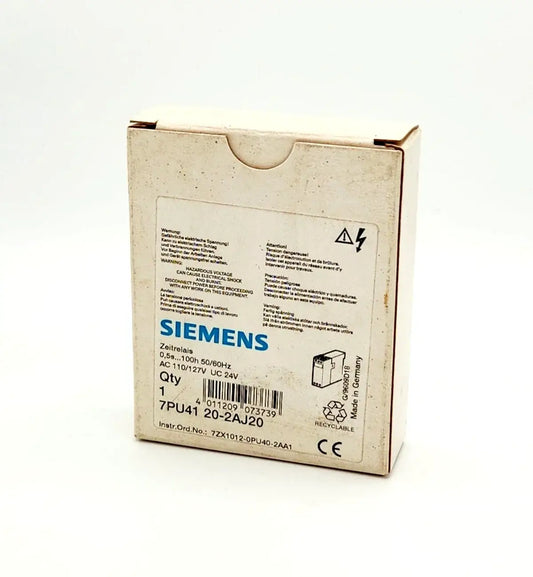 Siemens 7PU4120-2AJ20 interface relay product packaging with specifications.