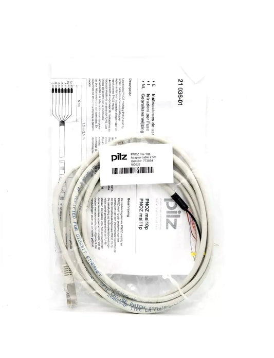 Pilz 773854 PNOZ msi10p adapter cable 2.5m with RJ45 connector for speed monitors, packaged view.