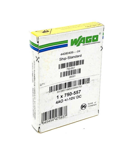 Wago 750-557 4-Kanal-Analogausgang DC ±10 V packaging, showing product details and barcodes on the box.