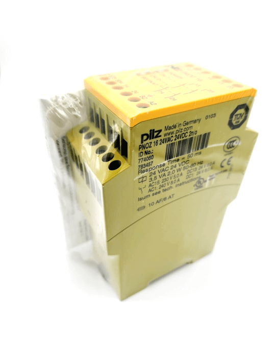 Pilz 774060 PNOZ 16 safety relay 24VAC 24VDC with 2n/o outputs, featuring screw terminals and safety monitoring capabilities.