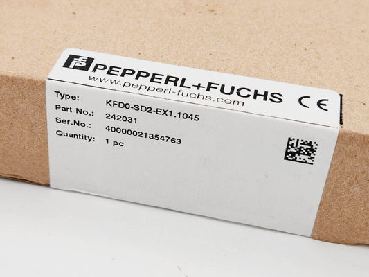 Pepperl+Fuchs 242031 KFD0-SD2-Ex1.1045 packaging label with part and serial numbers.