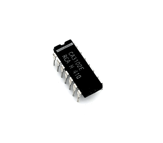 RCA CA3102E integrated circuit IC DIP14 on white background, showcasing electronic component design.