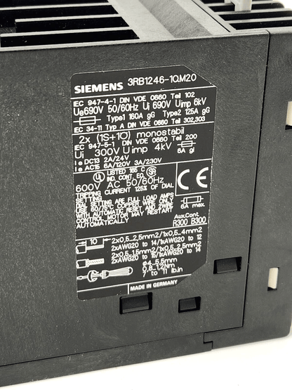 Siemens 3RB1246-1QM20 overload relay label with specifications and technical details.