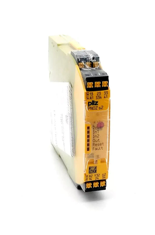 Pilz PNOZ s2 safety relay, standalone, 24VDC, 3 NO, 1 NC, 17.5mm width, features emergency stop and safety gate monitoring.