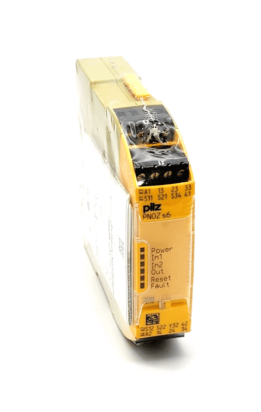 Pilz 750106 PNOZ s6 safety relay device, 24VDC, with inputs and outputs, compact design, two-hand control functionality, side view.