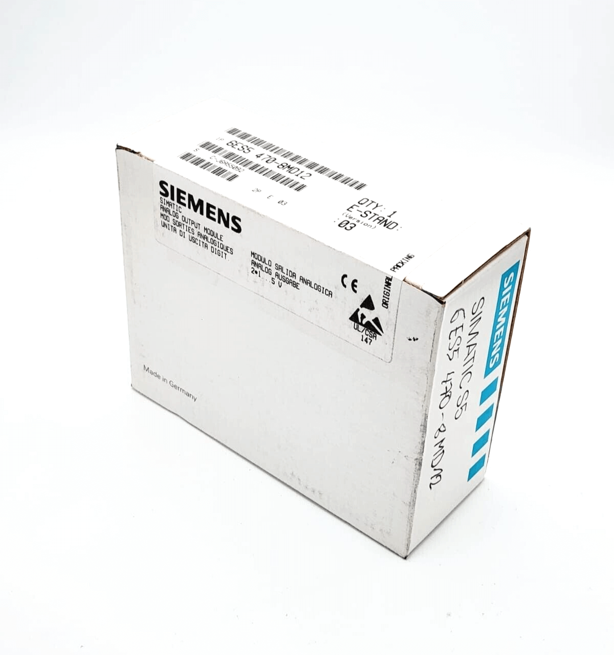 Siemens 6ES5470-8MD12 SIMATIC S5 Analogausgabe 470 module box with labeling, shown from an angled view.