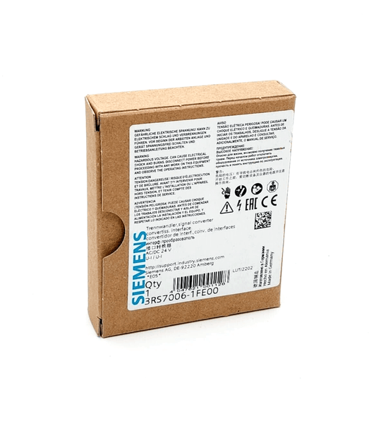Siemens 3RS7006-1FE00 signal converter packaging with product details and specifications on the box.