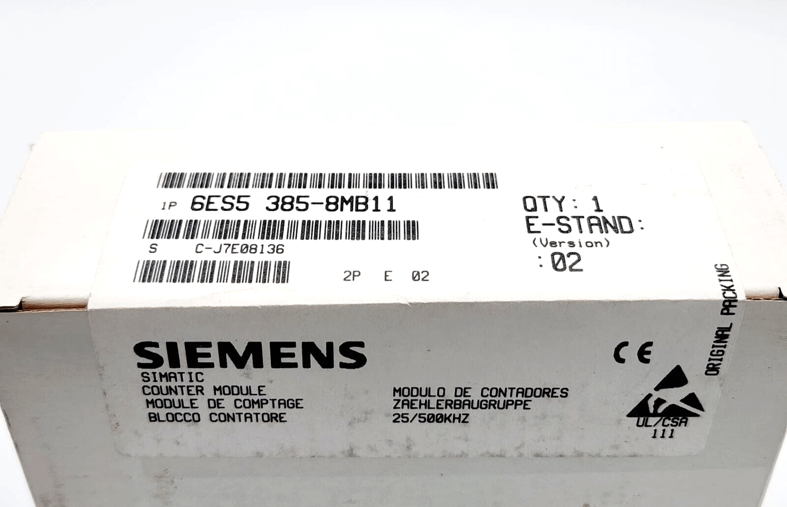 Box label of Siemens 6ES5385-8MB11 SIMATIC S5, showing product details and compliance marks.