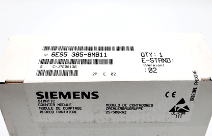 Box label of Siemens 6ES5385-8MB11 SIMATIC S5, showing product details and compliance marks.