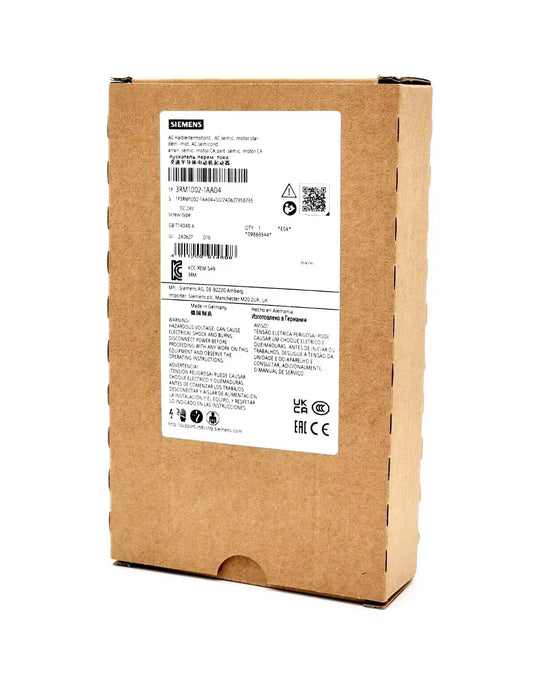 Siemens 3RM1002-1AA04 Direktstarter packaging, specification label on box, 500 V, 0.09-0.75 kW range, DC 24 V control voltage.