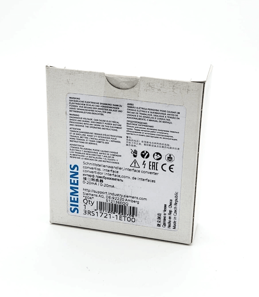 Siemens 3RS1721-1ET00 interface converter packaging, showing back label details with product and safety information.