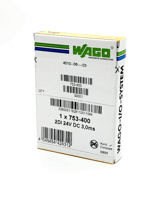 Wago 753-400 DC 24V 3ms 2-Kanal-Digitaleingang packaging with barcode and product specifications.