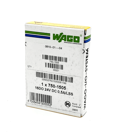 Wago 750-1505 package, 16-channel digital output, DC 24V, 0.5A, negativschaltend, suitable for industrial use.