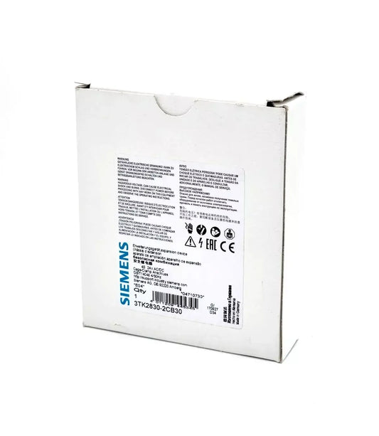 Box packaging of Siemens 3TK2830-2CB30 safety device with relay approval circuits, showing product details and safety certifications.
