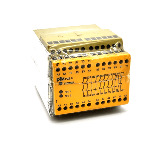 Pilz 774150 PZE 9 safety relay 24VDC, 8n/o 1n/c, standalone module with inputs for cross-circuit detection and outputs for extension.