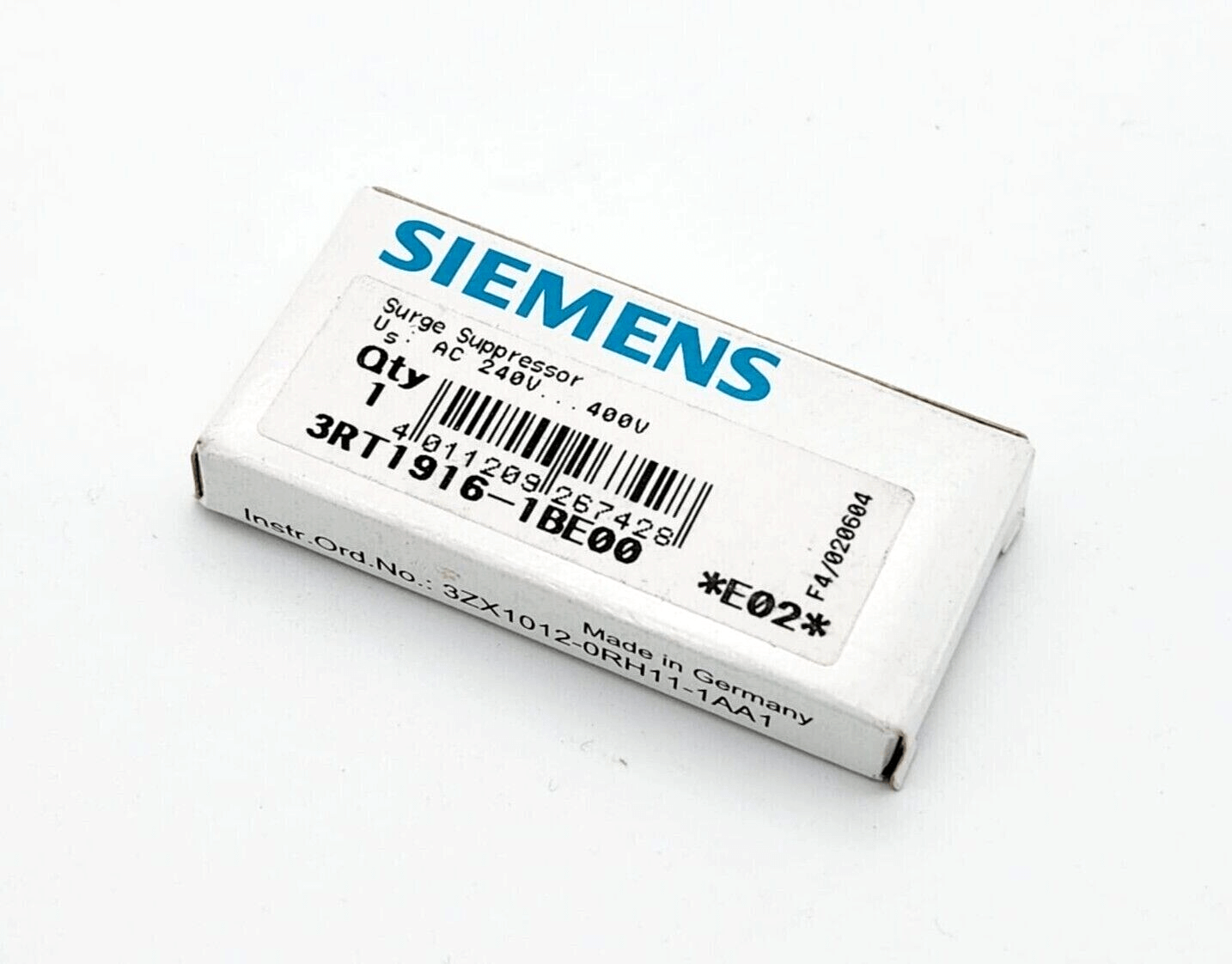 Siemens 3RT1916-1BE00 Varistor for AC 240-400V in packaging, surge suppressor with barcode and label visible.