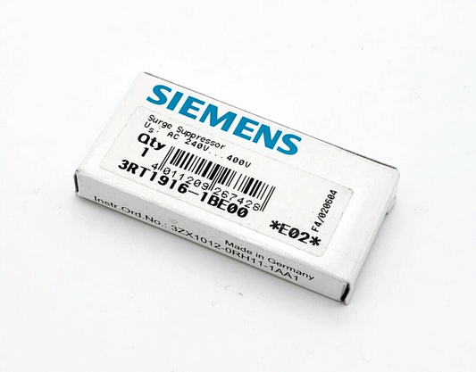 Siemens 3RT1916-1BE00 Varistor for AC 240-400V in packaging, surge suppressor with barcode and label visible.